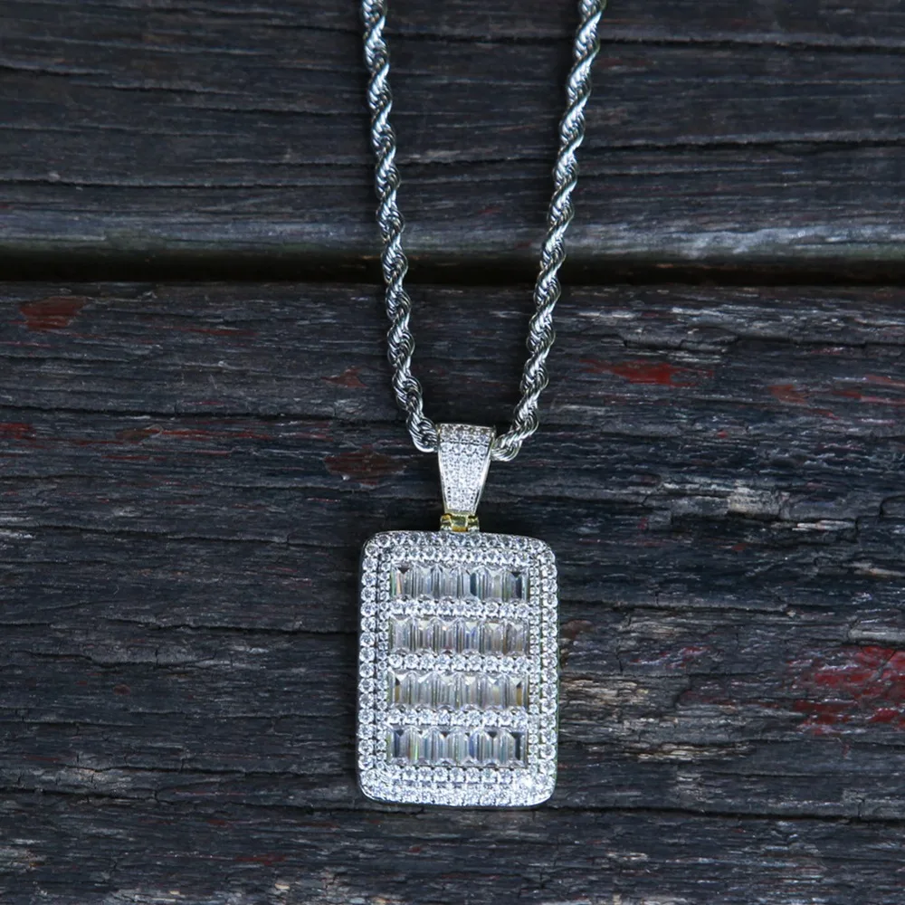 Хип-хоп AAA CZ камни вымощенные Bling лед из белого золота Геометрические Квадратные Подвески кулон с биркой для собак для мужчин рэппер ювелирные изделия подарок