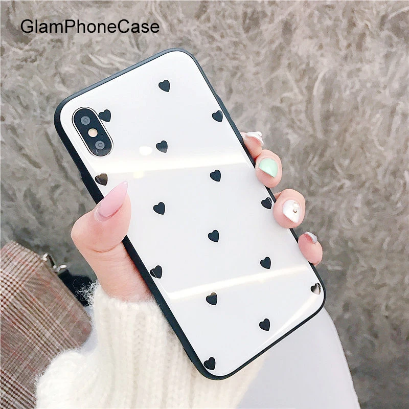 GlamPhoneCase White Love Heart Glass Phone Case for IPhone 6 6s 6plus 7/7plus Sweet Anti-knock Hard Cover For iPhone 8 8plus X |
