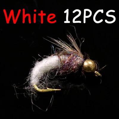 White 12pcs ICERIO 12 шт. латунная бусина голова Кадис Нимфа мухи форель нахлыстом приманка#12 - Цвет: White 12pcs