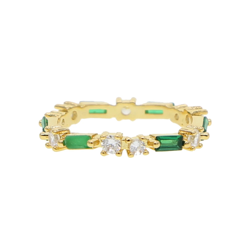 

yellow gold color finger rings with rainbow green white cz paved tiny band women lady stackable rings for wedding ring jewelry