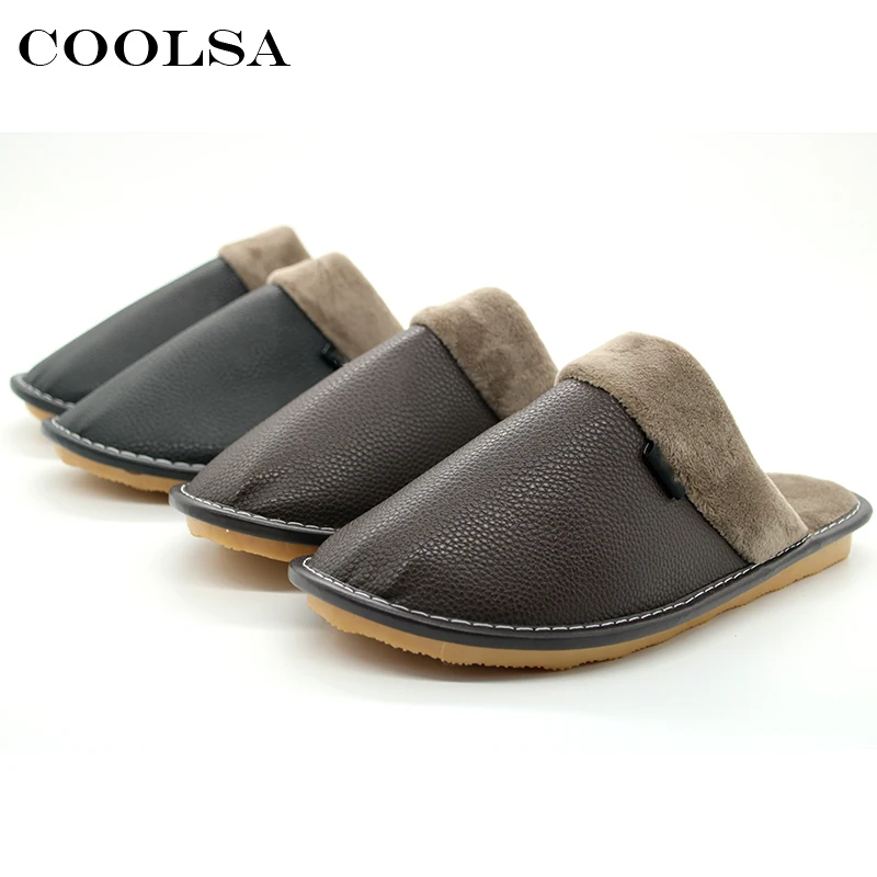 Coolsa зима Для мужчин кожа хлопок Шлёпанцы для женщин из мягкой искусственной кожи