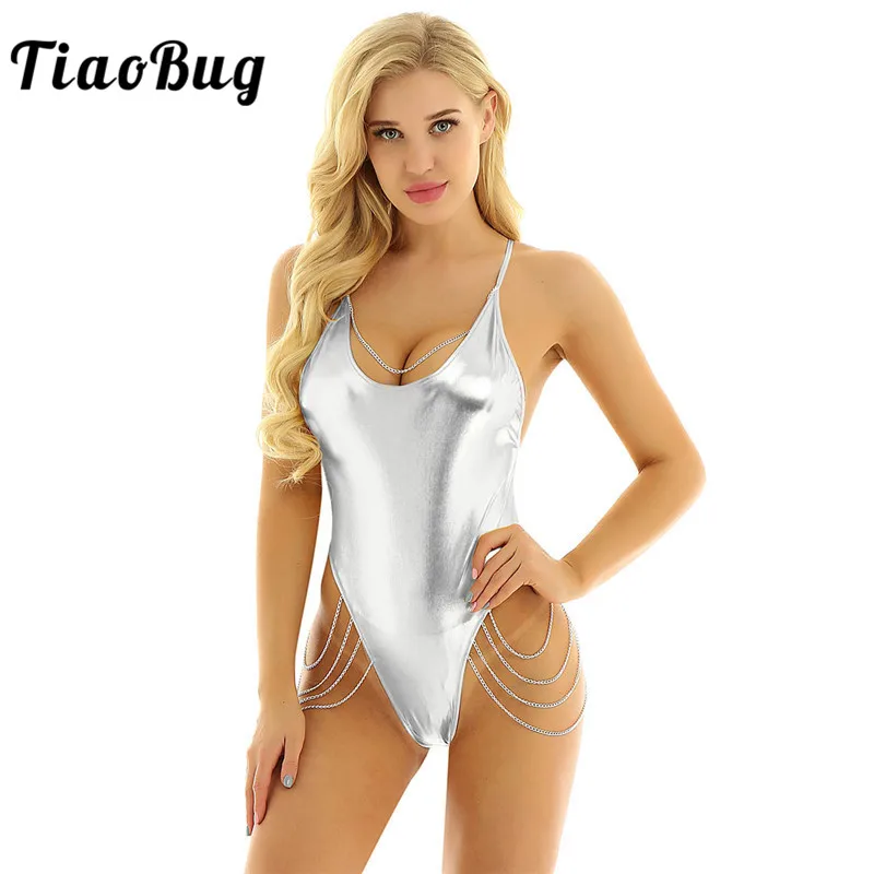 

TiaoBug Women Shiny Metallic Spaghetti Straps Backless Leotard Metal Chain Tassel Bodysuit Nightclub Festival Rave Dance Costume