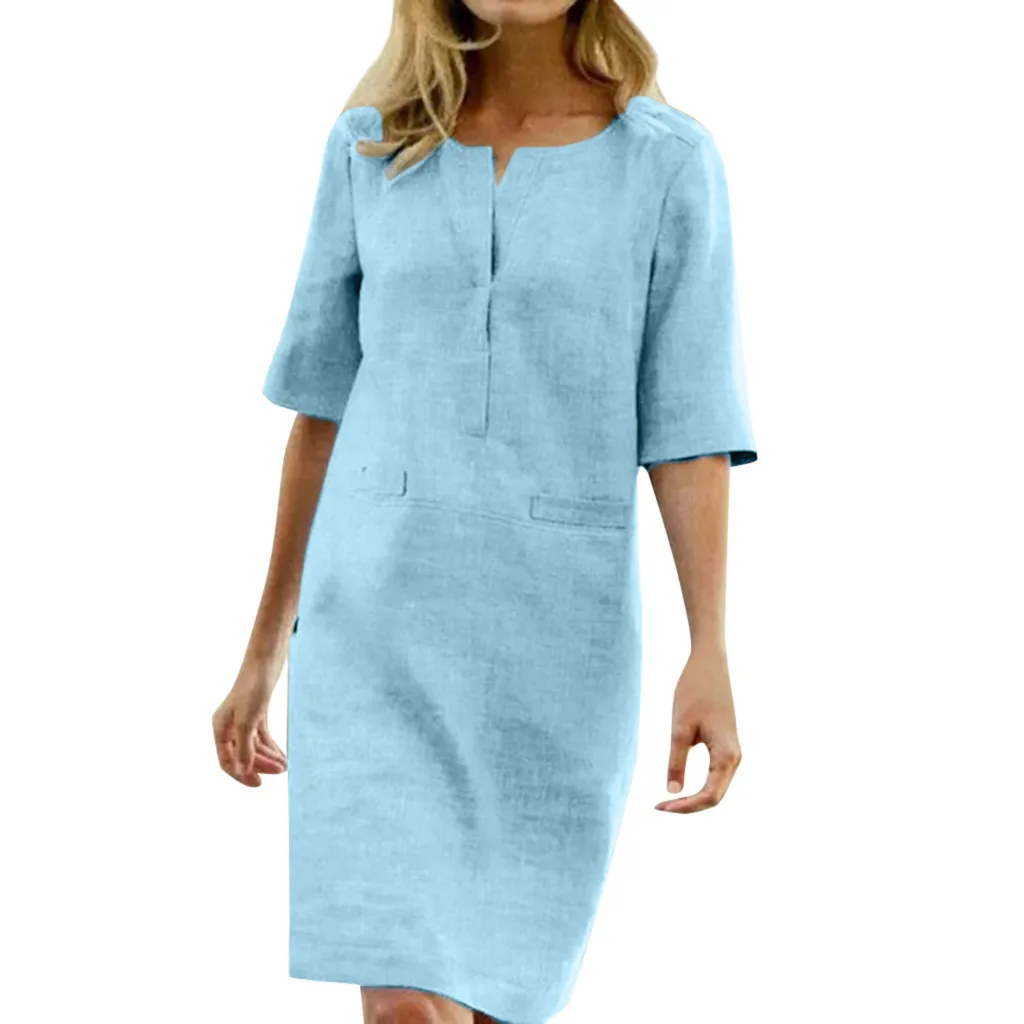 Женское повседневное однотонное платье-рубашка длиной до колена с рукавом 1/2