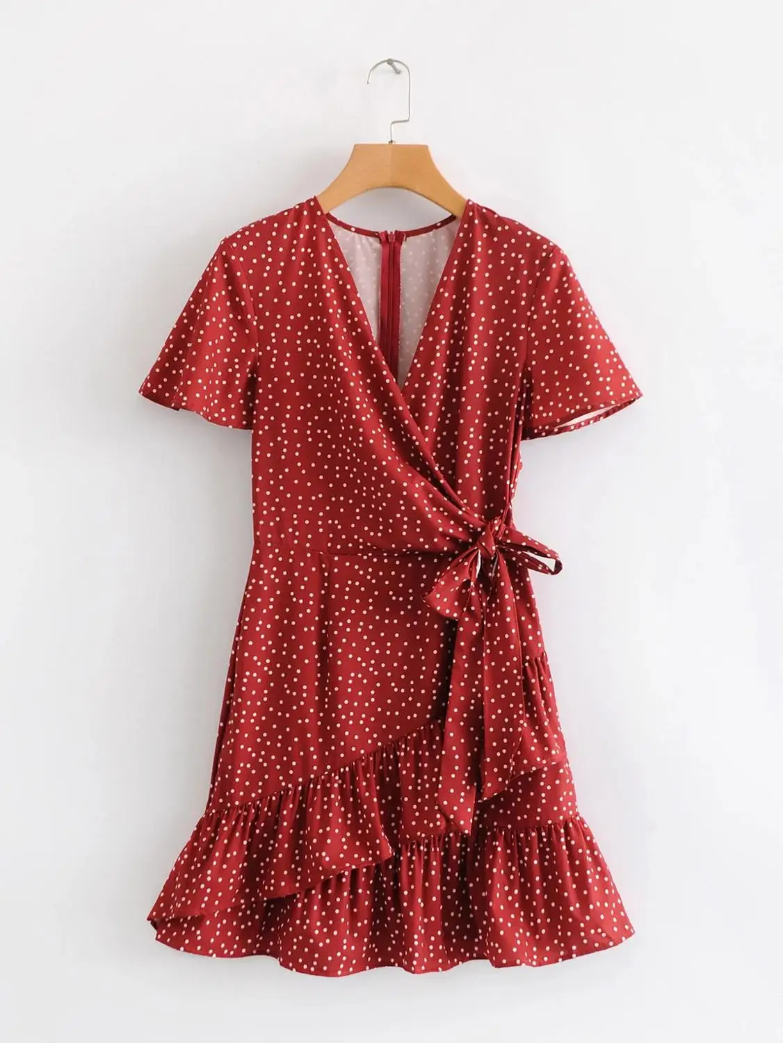 Женское платье с запахом и принтом в горошек красное мини-платье оборками бантом