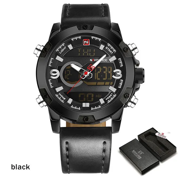 black Мужские спортивные наручные часы naviforce Брендовые Часы с двумя дисплеями светодиодный цифровые и аналоговые часы кожаные кварцевые часы 30 м Водонепроницаемые наручные часы - Цвет: black