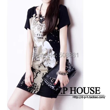 Платье нет череп печать заклёпка хлопок винтажный новинка короткая лето Рукав