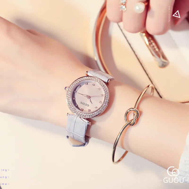 GUOU Роскошные брендовые наручные часы с бриллиантами и стразами женские кожаным