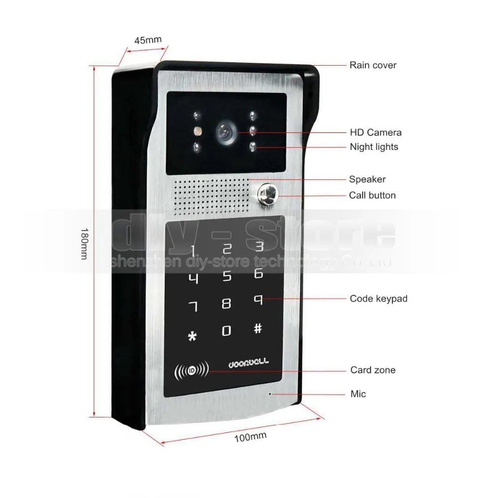 DIYSECUR 7 inch Touch Button Video Door Phone Intercom Doorbell IR Night Vision HD 300000 Pixels RFID Keypad Camera 2V4