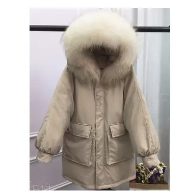 beige coat white fur Огромный воротник из натурального меха енота, зимняя куртка для женщин, плотное теплое женское Свободное пальто, высокое качество, белый пуховик, парка - Цвет: beige coat white fur