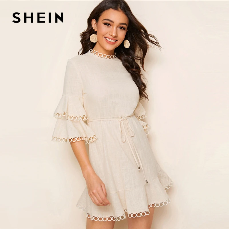 SHEIN женское платье с вырезом-лодочкой на спине, с рукавами-воланами, с кружевной отделкой, с поясом, абрикосовое, многослойное, с оборками, с поясом, весеннее, летнее платье