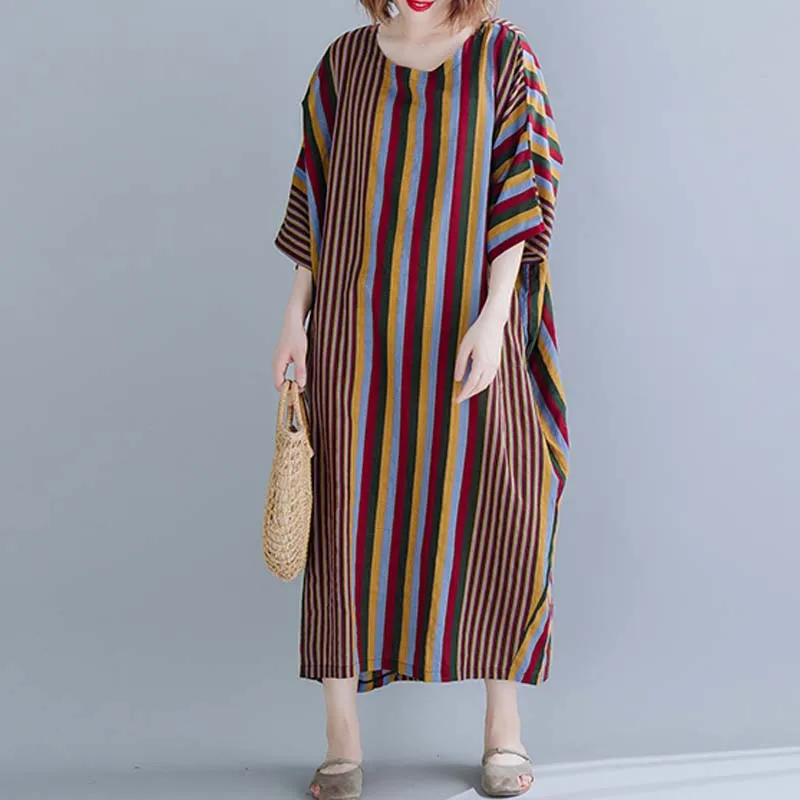 Женский хлопковый сарафан в полоску винтажное льняное платье стиле бохо с