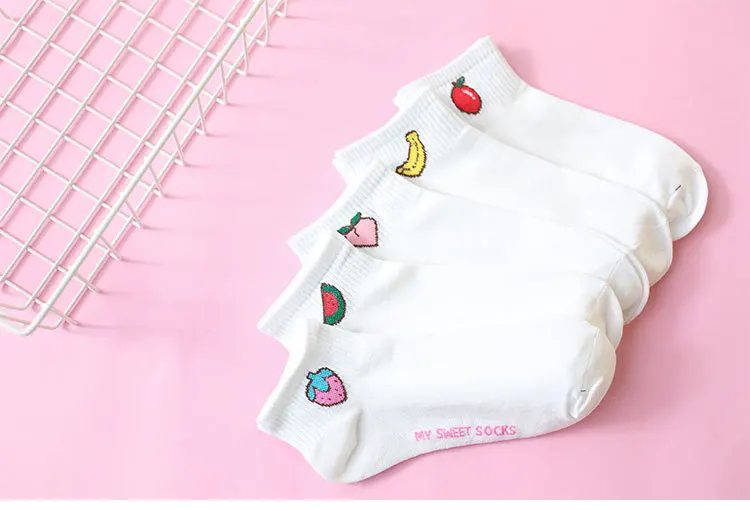 Женские носки, короткие, хлопковые, низкие, женские, Funnny Harajuku, милые, Клубничные, персиковые, фруктовые, с принтом, повседневные, простые, стильные, одноцветные