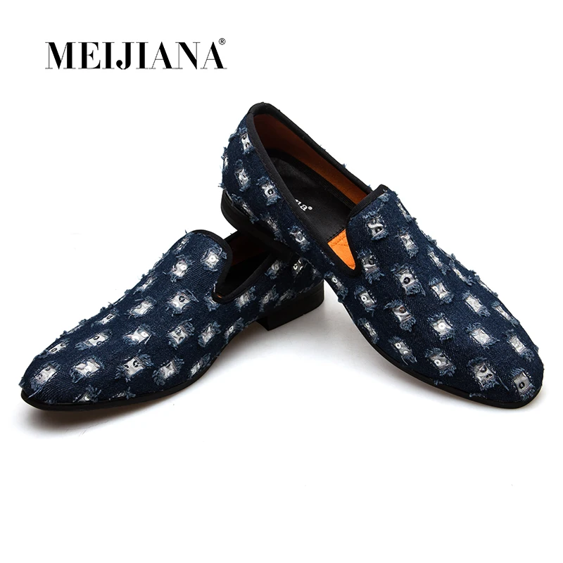 MEIJIANA 2019 новые Брендовые мужские лоферы Роскошная обувь с джинсовой и