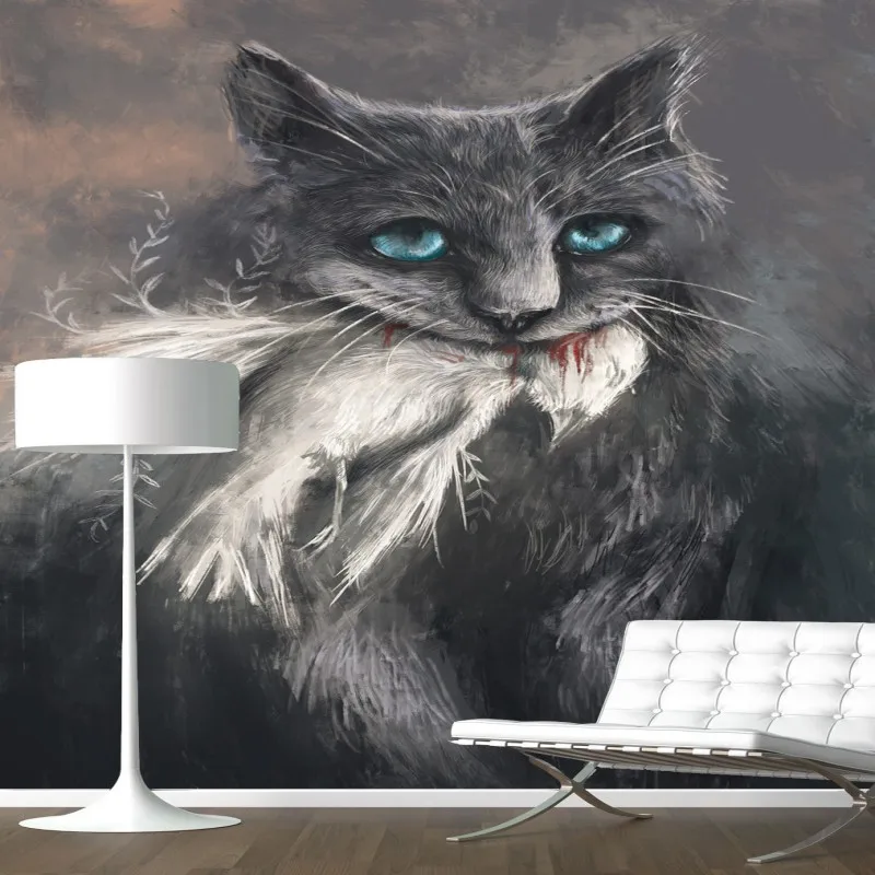 Фотообои Современная креативная Настенная роспись фотообои Черный кот голубь