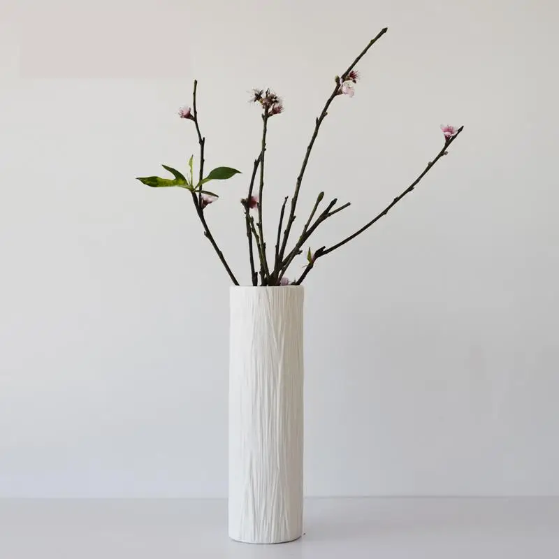 

European Style Simple Modern White Living Room Bedroom Decorated Cylindrical Relief Ceramic Ornamental Vase