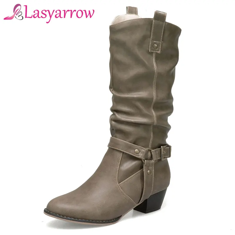 

Lasyarrow Western Style Autumn Winter Fashion Women's Mid Calf Boots Punk Rivets Belt Buckle Cowboy Boots Casual Knight Boots