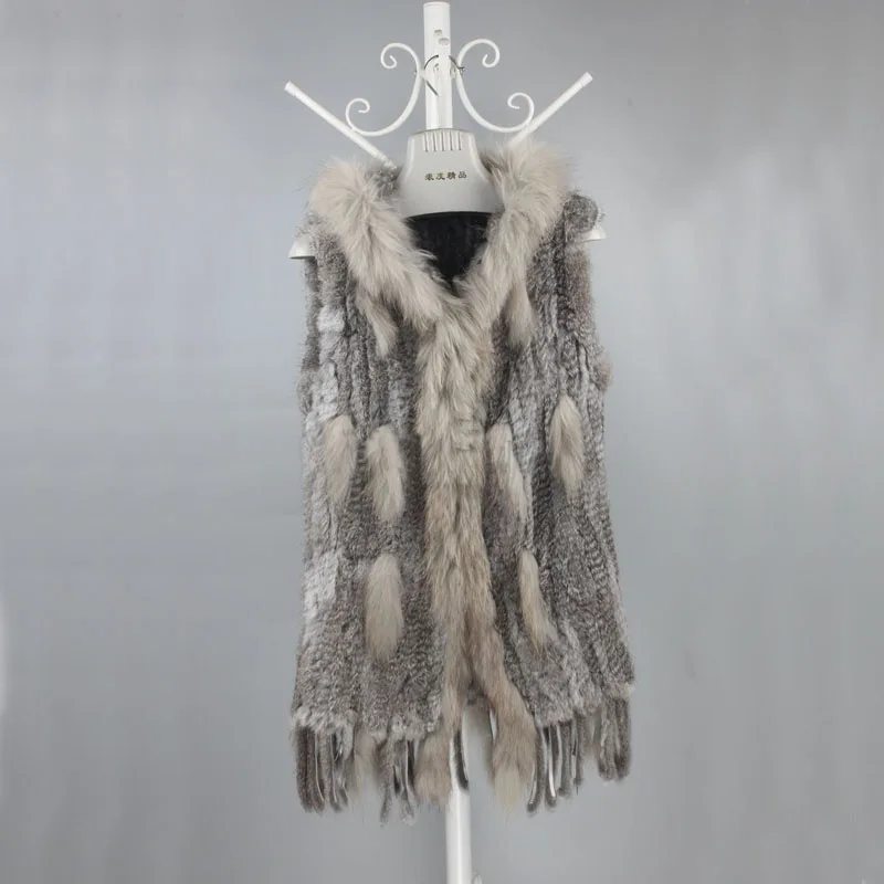 

Long Knit Hooded Rabbit Fur Waistcoat Raccoon Fur Collar With Tassels Gilet Jacket