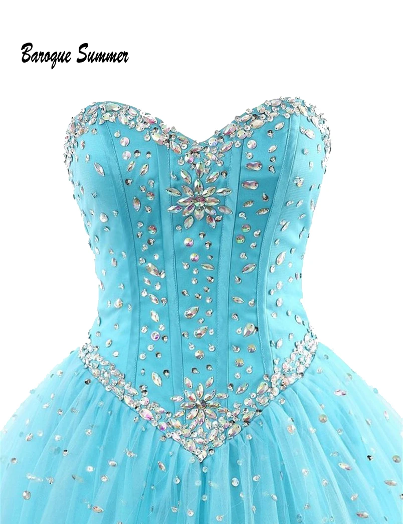

Hot Sales Light Blue Quinceanera Dresses Sweet 16 Ball Gown Beaded Crystal Sleeveless Vestidos De 15 Anos Debutante Gowns Custom
