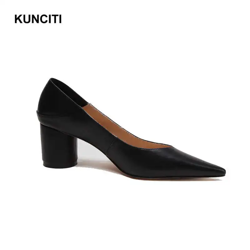 Black KUNCITI/ женские туфли на высоком каблуке; женские туфли-лодочки с острым носком; итальянская обувь в европейском стиле; офисные мокасины из натуральной кожи; G942 - Цвет: Black