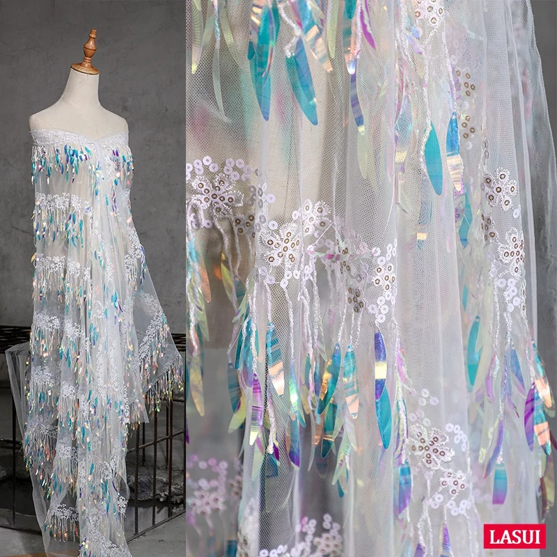 

LASUI NEW 1 yard=1 piece W0129 Fashion designer fabrics dazzle evening dress 3D flower+Tassel sequins embroidery lace fabric