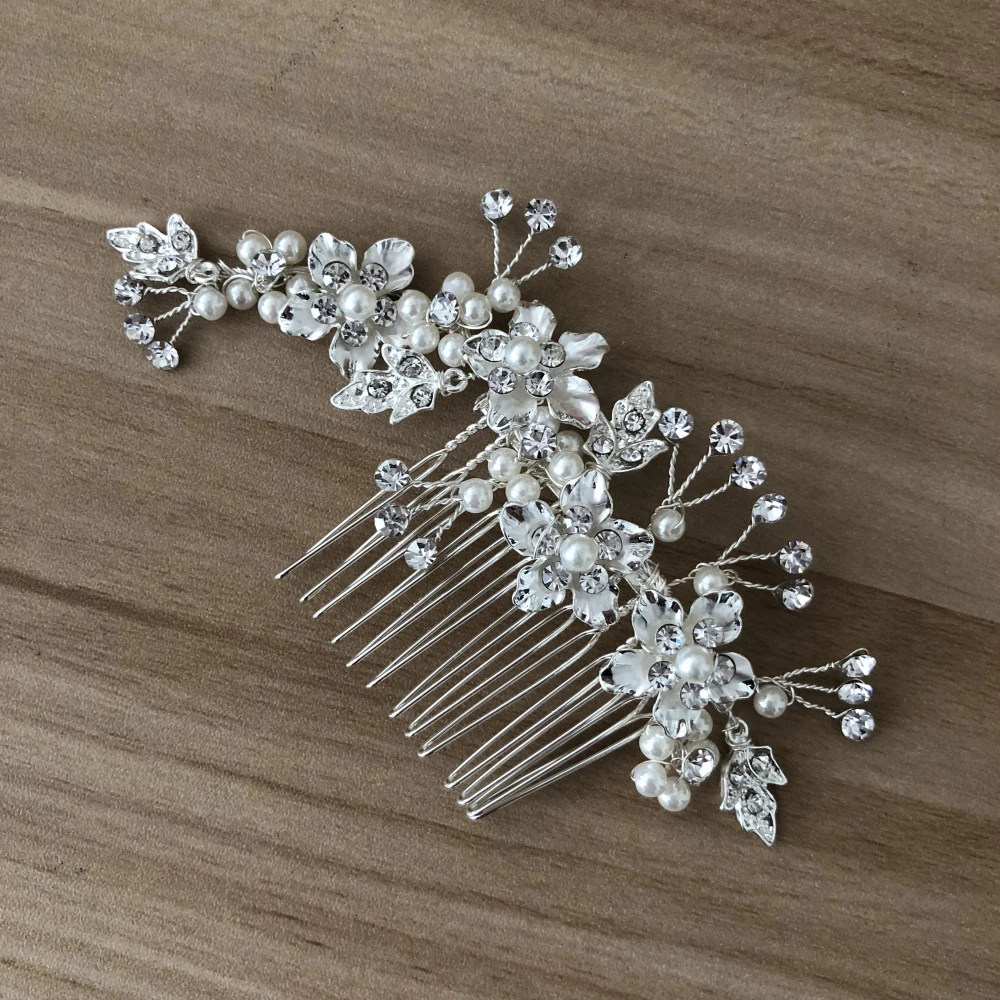 New Arrive Shinning Handmade Wedding Thick Silver Hair Comb Metal Flowers Accessories For Woman Pearl Bridal Jewelry |