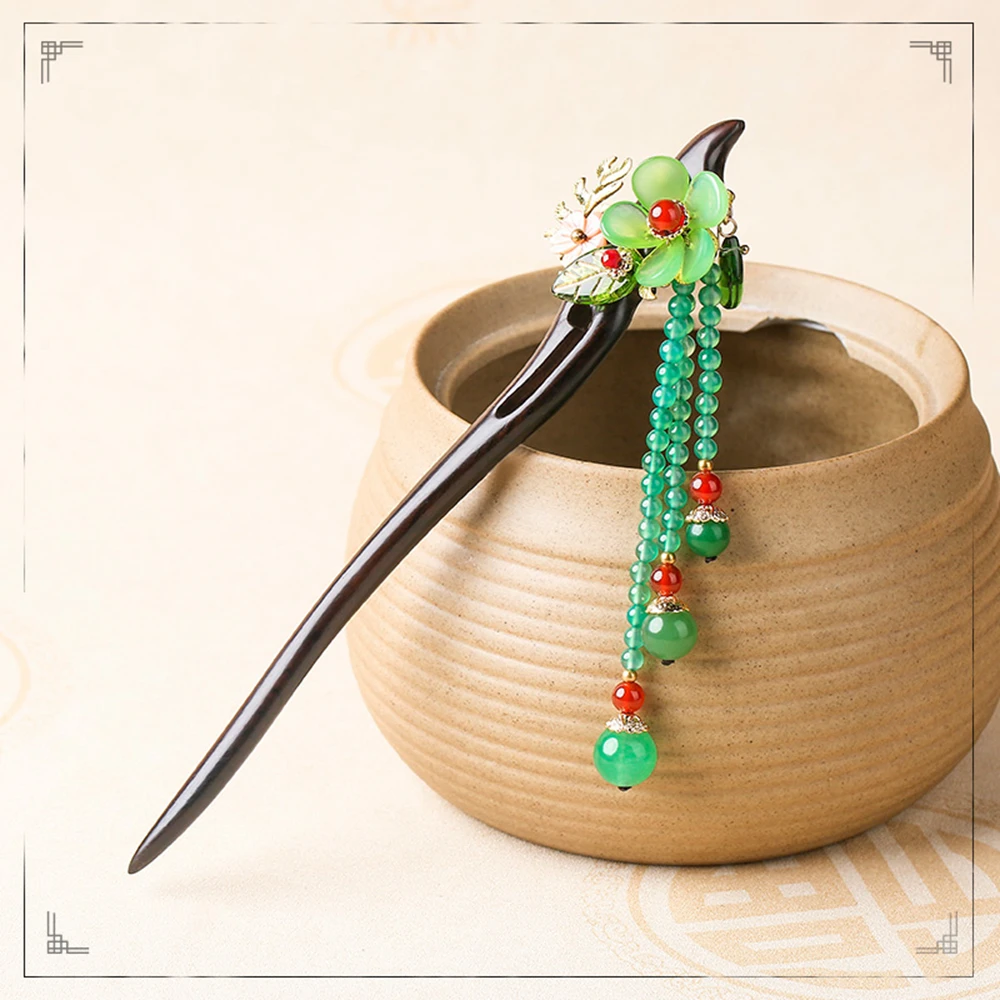 Ethnic Handmade Tassel Woman Hair Sticks Colored Glass Flower Leaves Pink Shell Green Red Stone Black And Ebony FZ-18126 | Украшения и