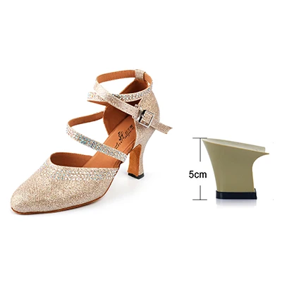 Golden 5cm Ladingwu/Новинка; блестящая ткань; блестящие стразы; Обувь для бальных танцев; обувь для соревнований; женская обувь для латинских танцев - Цвет: Golden 5cm