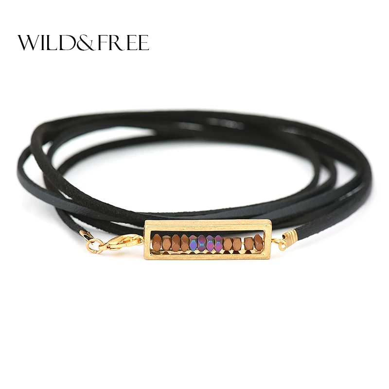 

2017 New Multilayer Black Bracelets For Women Vintage Gold Color Rectangle Pendant Leather Bracelets&Bangles Jewelry DropShip
