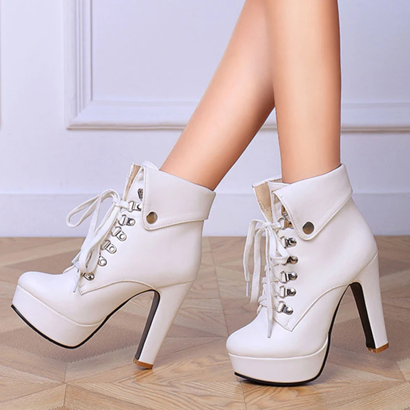 Осенне зимние ботинки на высоком каблуке из искусственной кожи обувь платформе