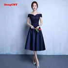 Платья для выпускного вечера Vestido DongCMY новые модные вечерние 2021 темно-синего цвета, с вырезом лодочка простой ТРАПЕЦИЕВИДНОЕ ДРАПИРОВАННОЕ Джерси