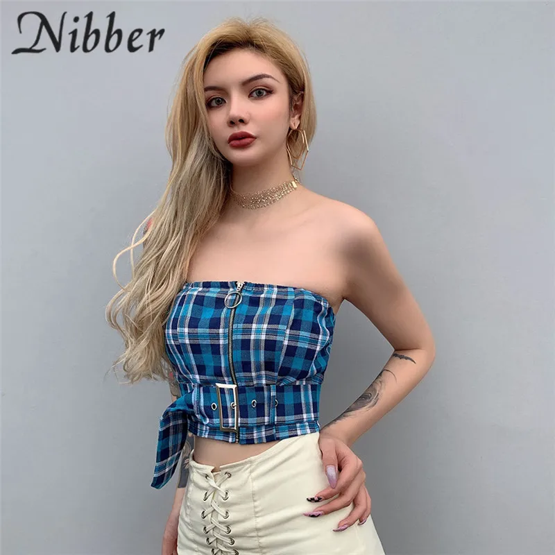 Nibber, летние, синие, клетчатые, элегантные топы, женские майки, модные футболки, сексуальные, вечерние, короткий топ, для диких девушек, с открытыми плечами, бандо