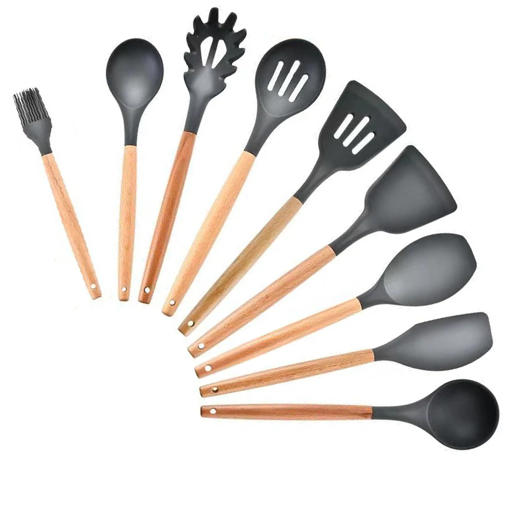 Black 9PCS Антипригарная силиконовая кухонная утварь Пособия по кулинарии инструменты Кухня набор посуды с бамбуковыми ручками по Пособия по кулинарии инструмент не токсичный Кухня гаджеты 9/10/12 шт - Color: Black 9PCS
