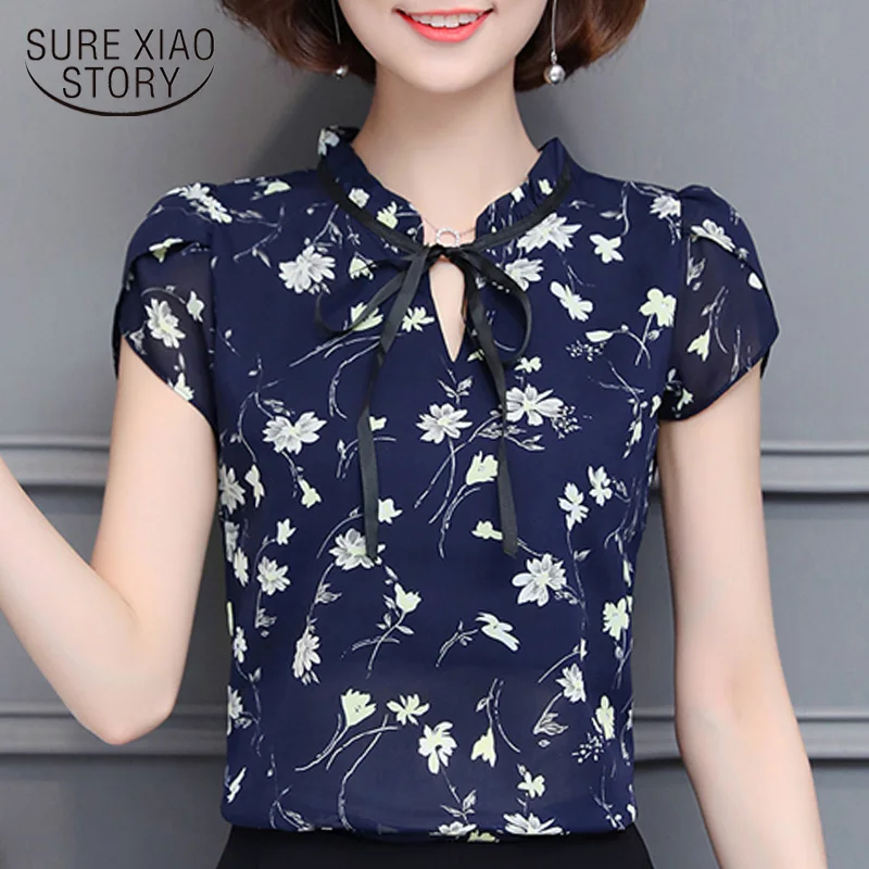 Летняя шифоновая блузка для женщин 2019 короткий рукав цветочный принт плюс размер