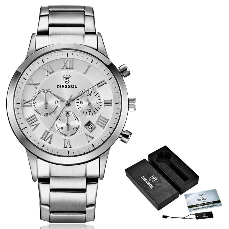 Silver White DIESSOL мужские s часы лучший бренд класса люкс Бизнес Кварцевые часы мужские повседневные стальные водонепроницаемые спортивные наручные часы Relogio Masculino - Цвет: Silver White