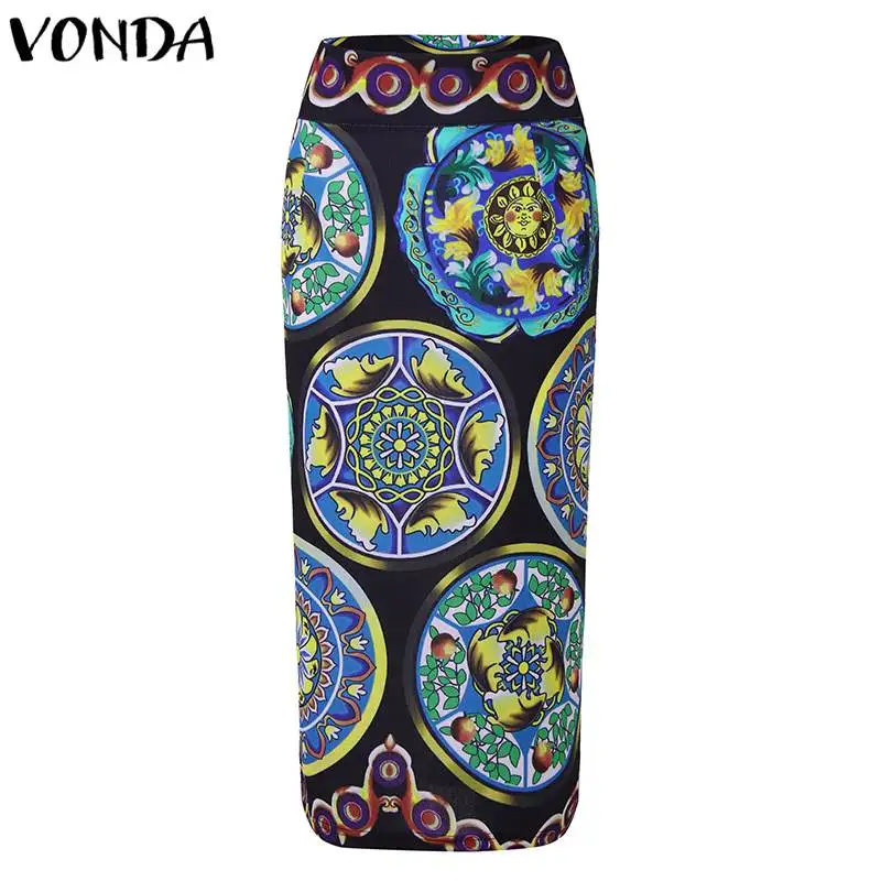 VONDA, винтажная юбка, летняя, для женщин, сексуальная, OL, для офиса, для девушек, с цветочным принтом, миди, юбки с высокой талией, бодикон, Vestidos размера плюс, 5XL