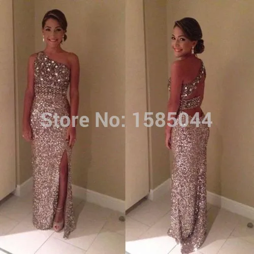 New Sexy 2015 Sheath Evening Dresses One Shoulder Sleeveless Backless Floor Length Satin With Sequins Split Side Prom Gown Dress | Свадьбы и