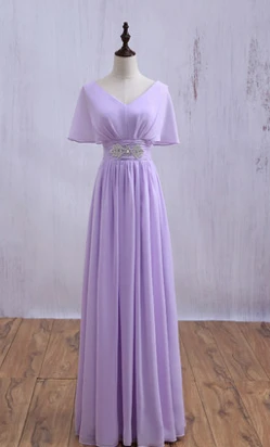light purple Новое поступление Свадебные Сиреневое платье пол шифон скромный подружки невесты горничной длинное платье подружки невесты кепки рукавом B3547 - Цвет: light purple