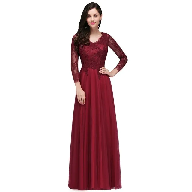 Robes de soiree вечернее платье бургундское кружево Тюль длинный рукав Формальные Вечерние платья Длинные vestido de festa Новинка - Цвет: Burgundy