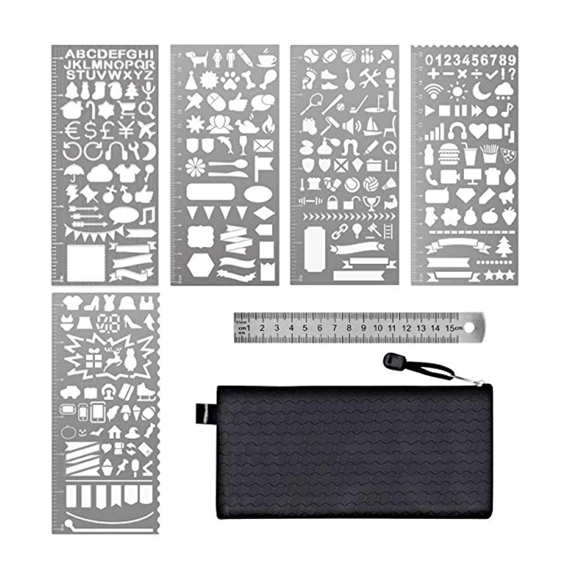 6 Pcs Stainless Steel Journal Stencils with Template Ruler for Bullet Journal Planner Painting Drawing