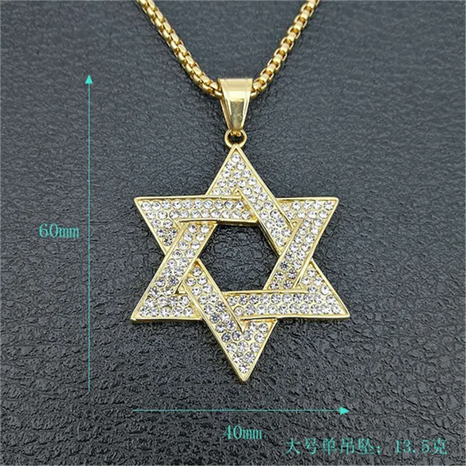 Религиозная Magen Звезда Давида Кулоны ожерелье золотой цвет нержавеющаясталь Гексаграмма ожерелье женщин/мужчин льдом из еврейских ювелирныхизделий