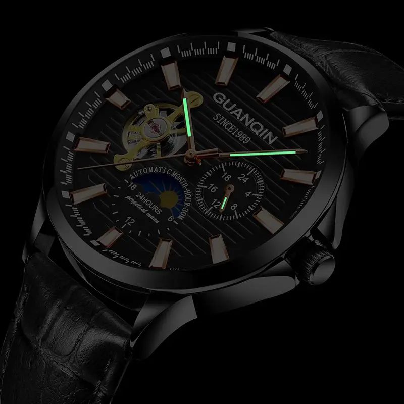 GUANQIN 2019 New Watch men Automatic Mechanical clock Luminous waterproof leather rose gold skeleton business Men Wrist watches | Наручные