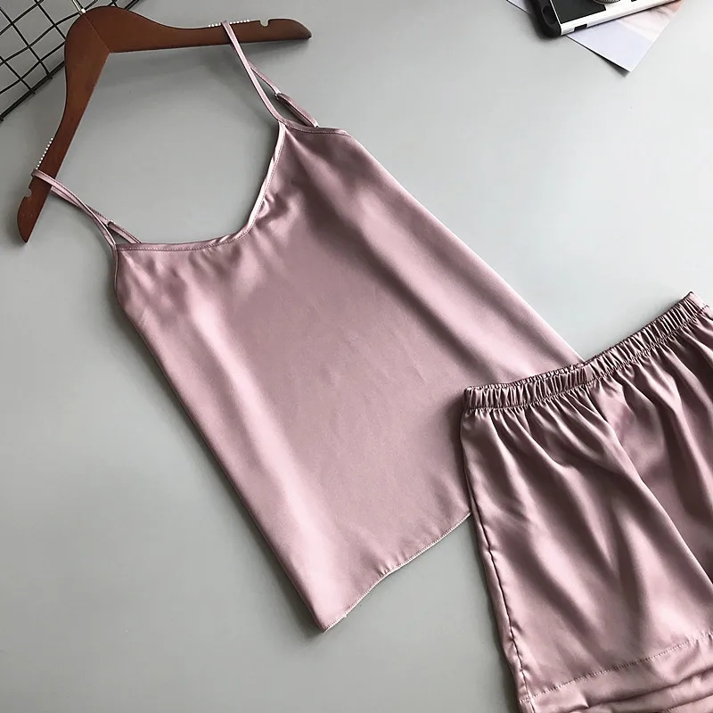 Ледяной шелк Twinset корейский сплошной цвет Женская кофточка от пижамы пижамный комплект Женский Летний жилет шорты костюм