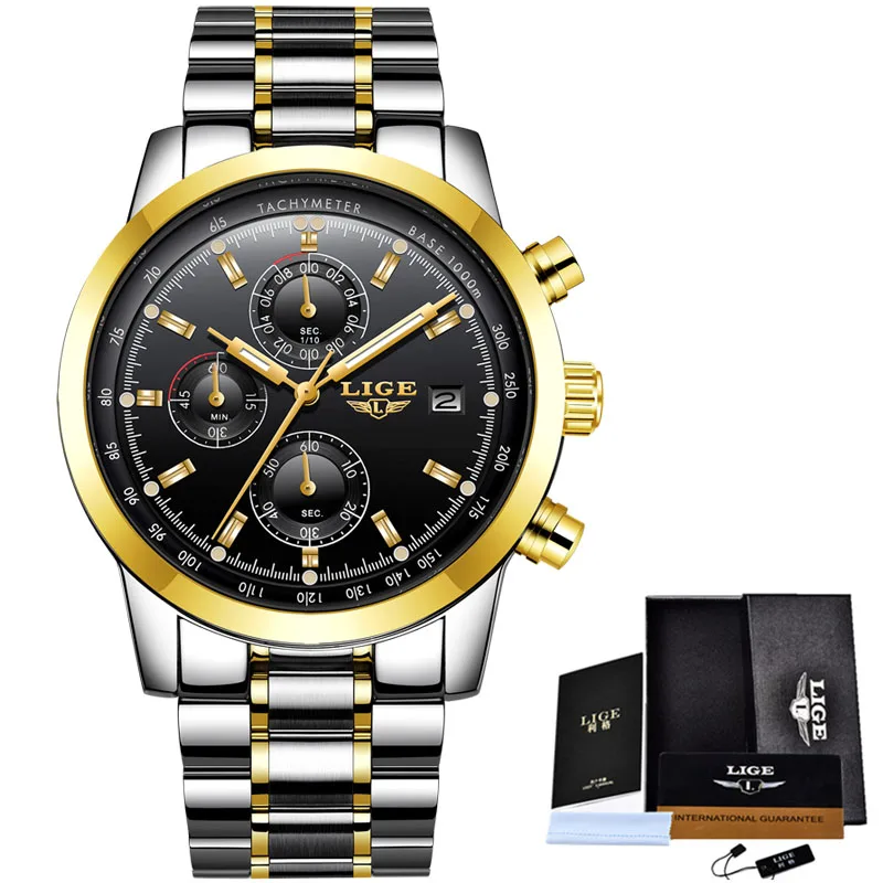 gold black Relojes Hombre LIGE Бизнес Кварцевые часы для мужчин нержавеющая сталь водонепроницаемые автоматические часы с датой Модные Военные мужские часы - Цвет: gold black