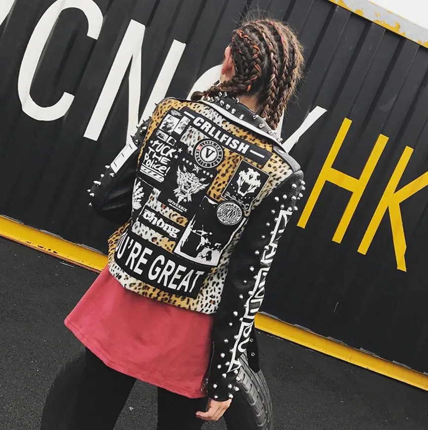 black S-XL, новинка, модная брендовая куртка из искусственной кожи с заклепками и бусинами, Женская Базовая уличная короткая куртка из искусственной кожи с леопардовым принтом wj1261 - Цвет: black