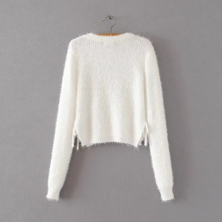 2017 короткий вязаный женский свитер и пуловеры с круглым вырезом сплошного цвета