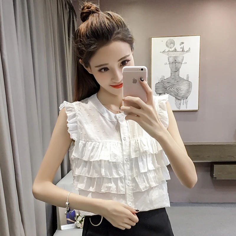 Летняя блузка без рукавов с оборками и воротником-стойкой Маленькая прозрачная