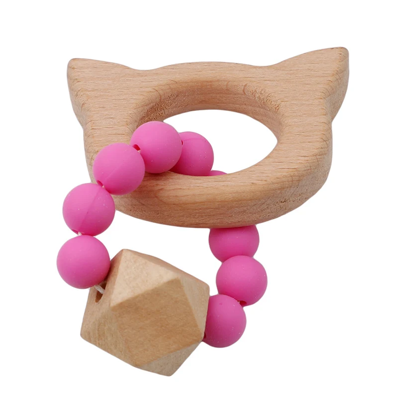 

New Baby Rattle Stroller Accessories Toys Wooden Baby Bracelet Animal Shaped Jewelry Teether Baby Organic Wood Silicone Beads