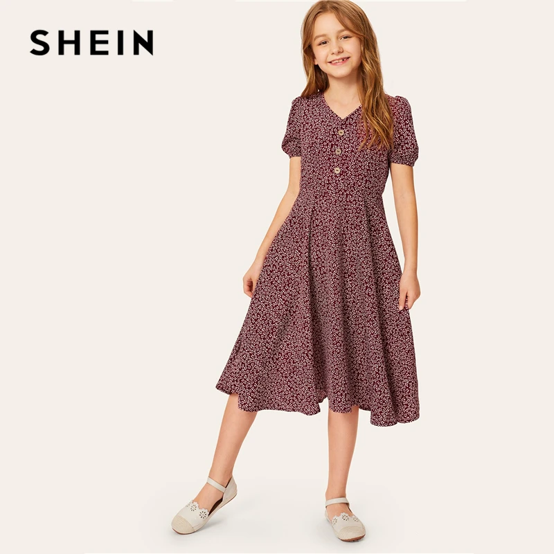 SHEIN/Детское платье трапециевидной формы с v-образным вырезом и цветочным принтом на пуговицах спереди для девочек летнее праздничное расклешенное платье миди в стиле бохо с пышными рукавами