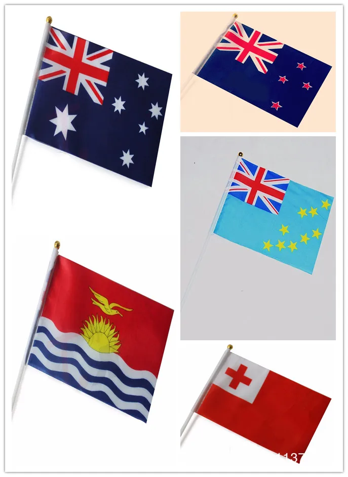 

Wholesale Tuvalu Kiribati New Zealand Tonga Australian flags polyester small National flags with pole 14*21 cm