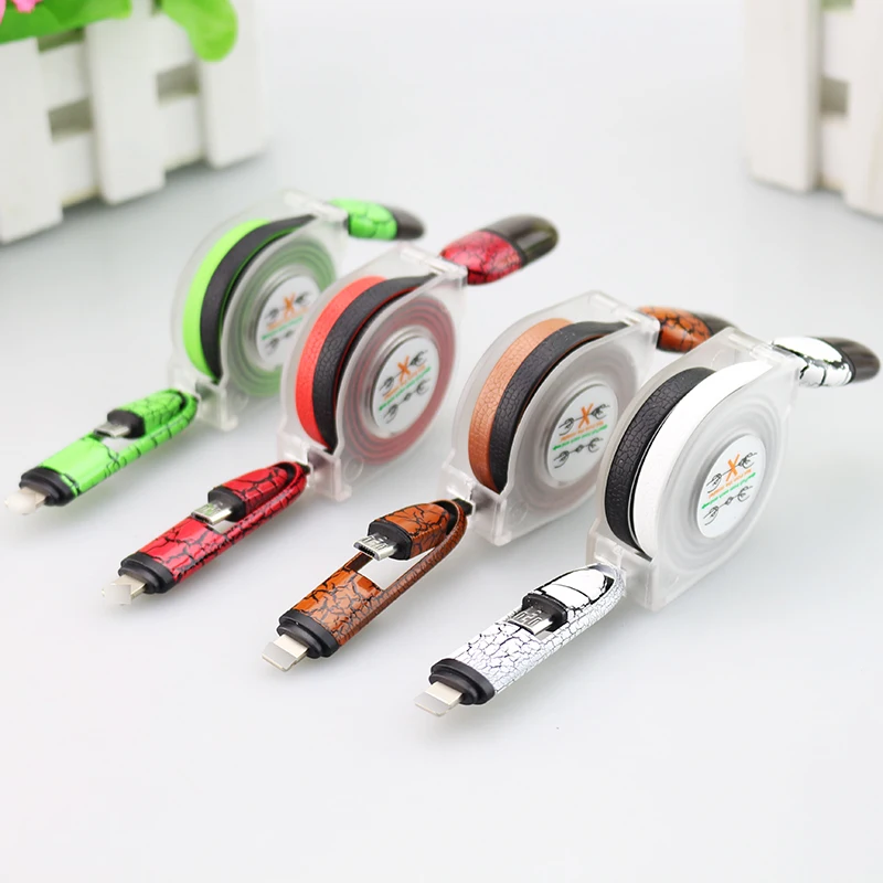 Sovawin выдвижной 2 в 1 кожаный Микро зарядный USB кабель для зарядки данных плоский 1 м Microusb для IPhone для samsung Android